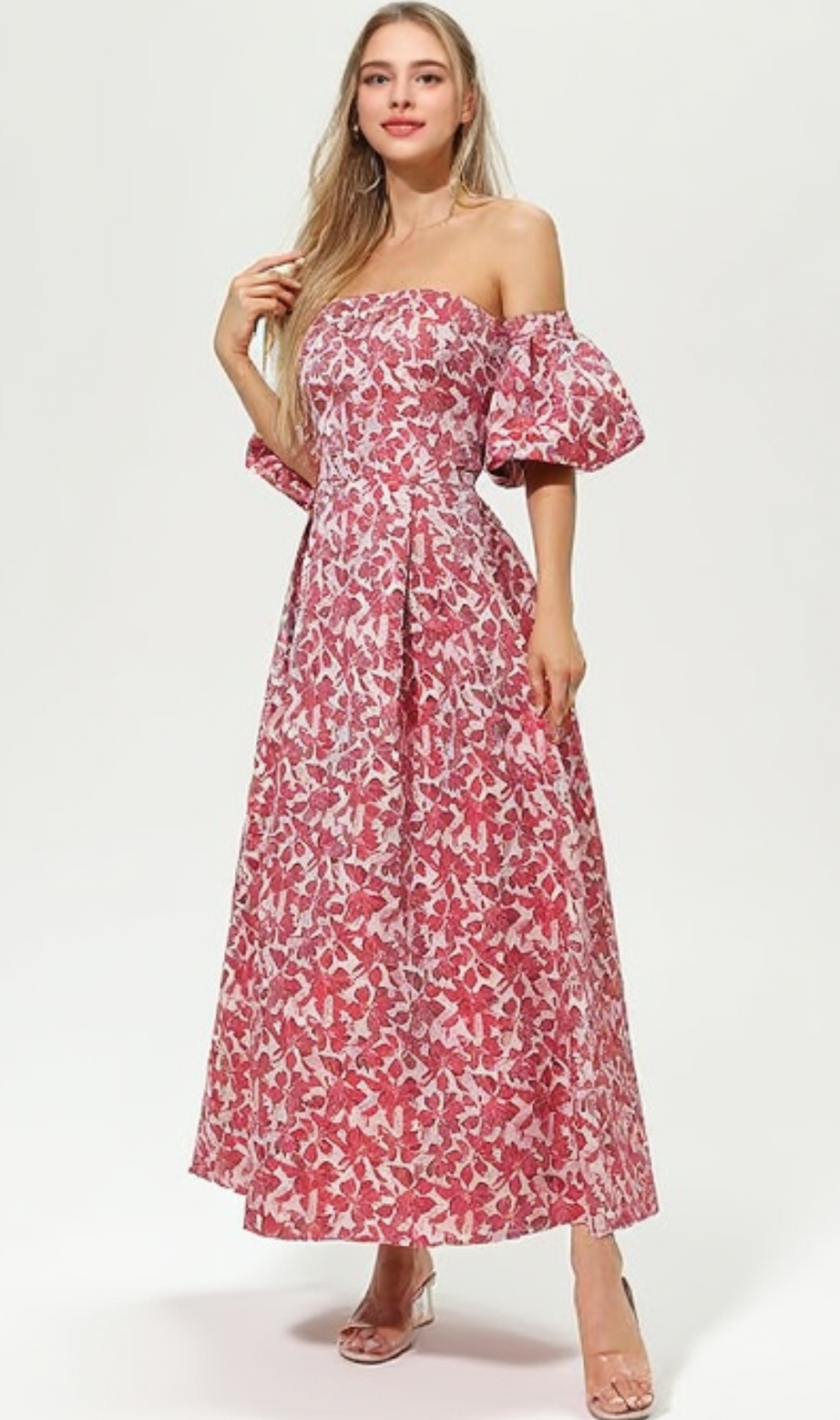 peach Printed Lantern Sleeve Maxi Dress