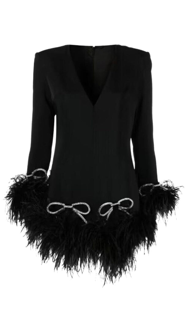 AIIZIE LONG SLEEVE BOW CRYSTAL FEATHER DRESS - product image