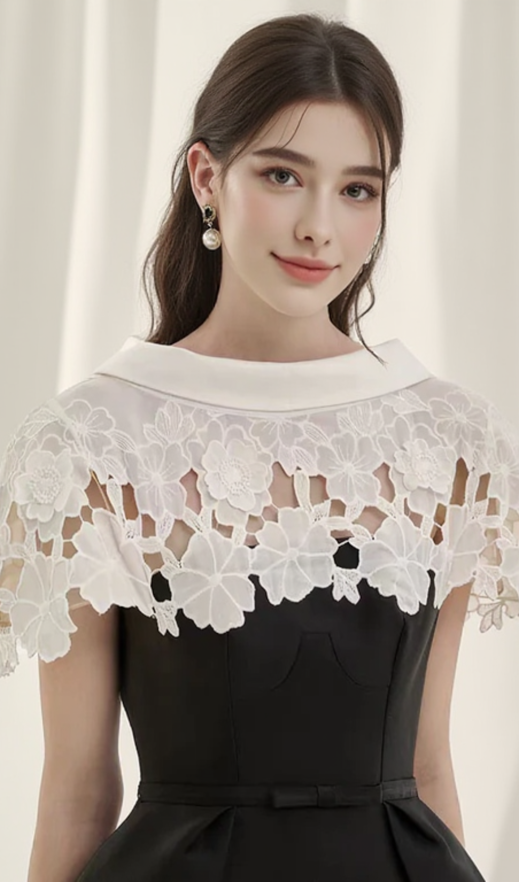 HOLLOW LACE SLIM A-LINE MIDI DRESS IN BLACK