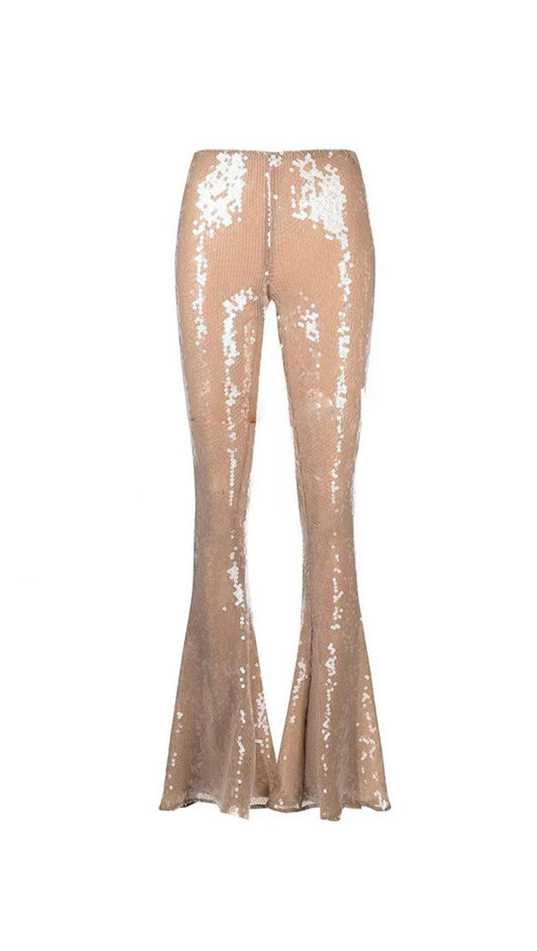 AIIZIE BEATRICE SEQUIN FLARED TROUSERS IN BEIGE - product image