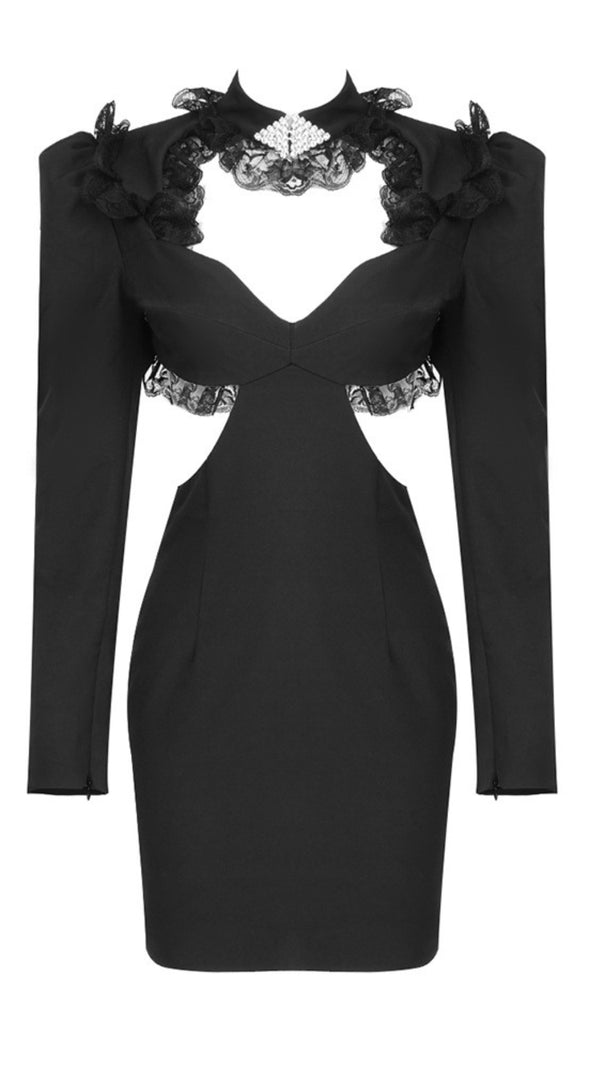 AIIZIE BLACK LONG-SLEEVED HOLLOW ELASTIC SHOULDER PAD SHORT FRENCH HIP DRESS - product image