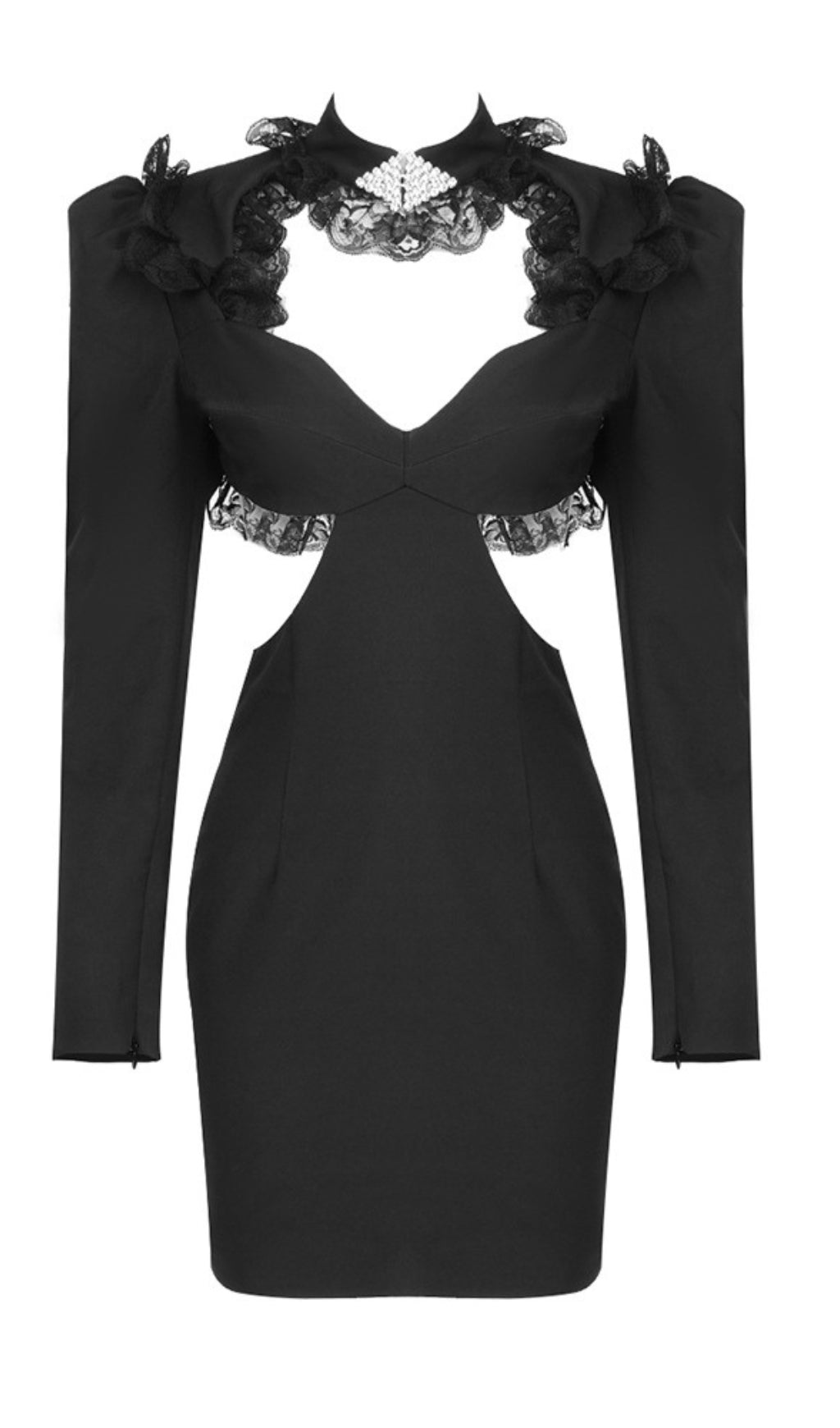 Schwarzes langärmliges, hohles, elastisches Schulterpolster-Kurzkleid mit französischer Hüfte