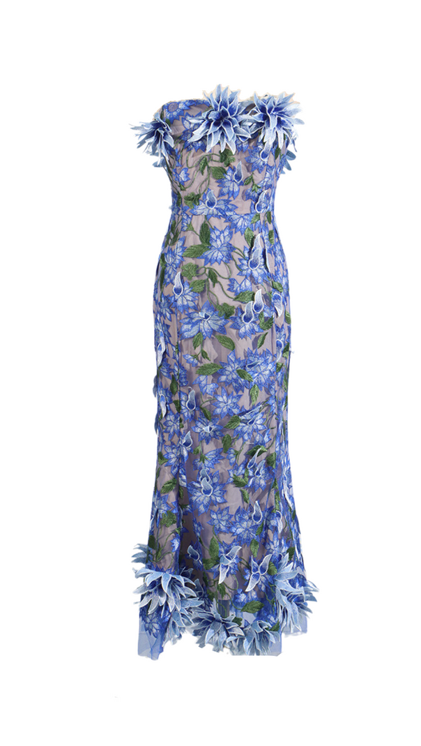 AIIZIE 3D FLOWER EMBROIDERY STRAPLESS MIDI DRESS IN BLUE - product image
