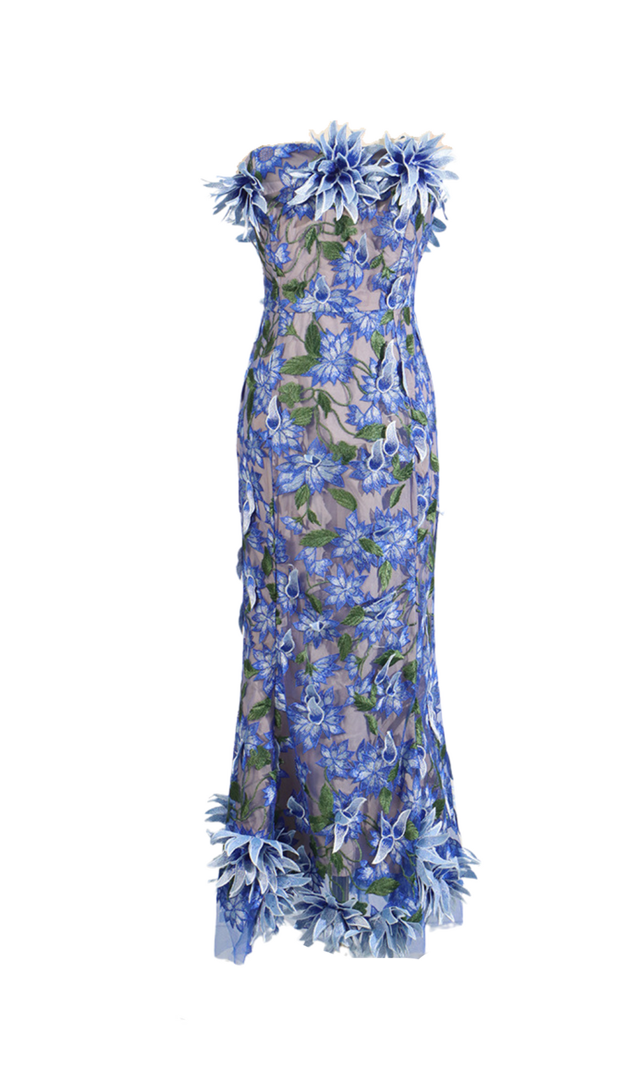Abito midi senza spalline con ricamo floreale 3D in blu