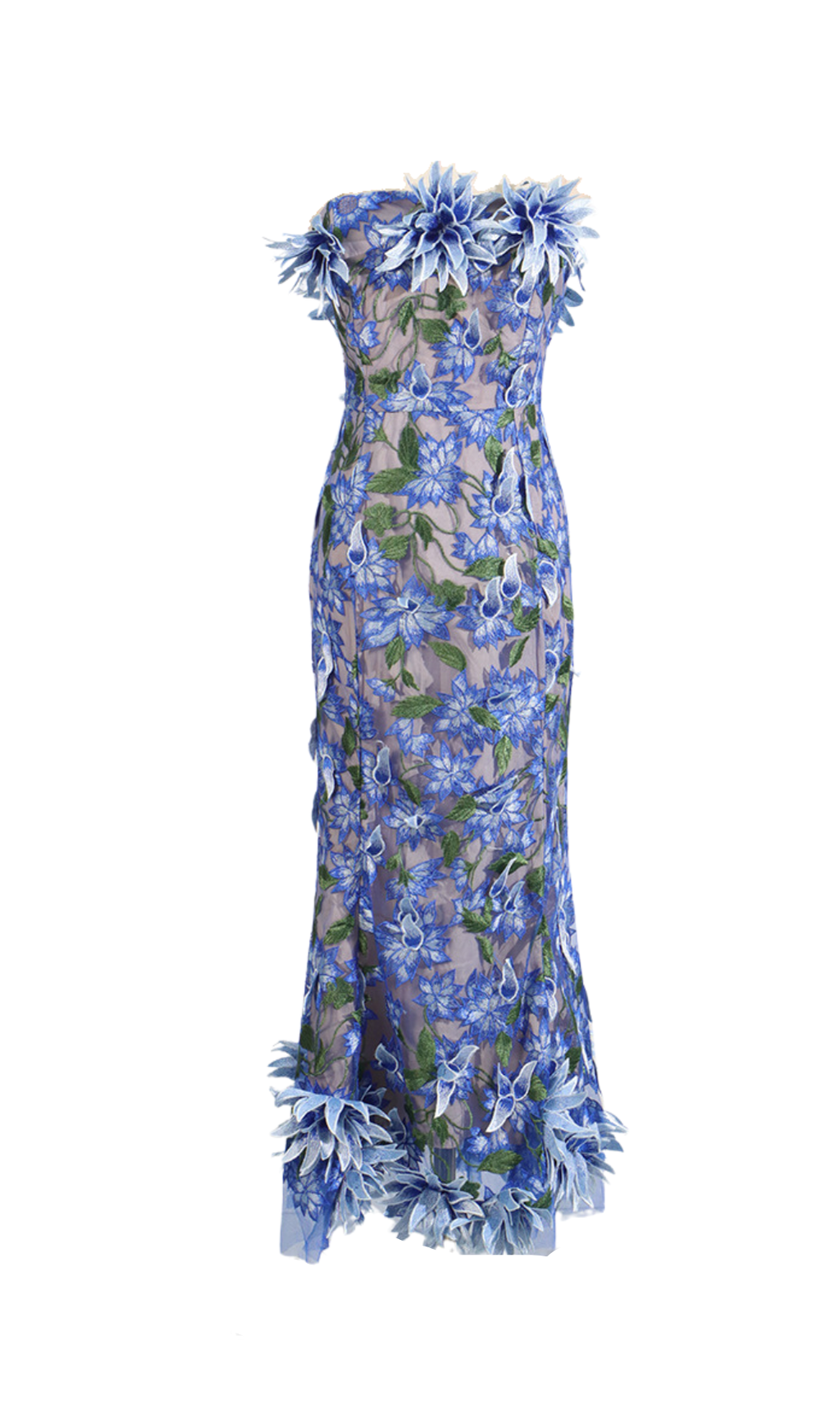 3D FLOWER EMBROIDERY STRAPLESS MIDI DRESS IN BLUE