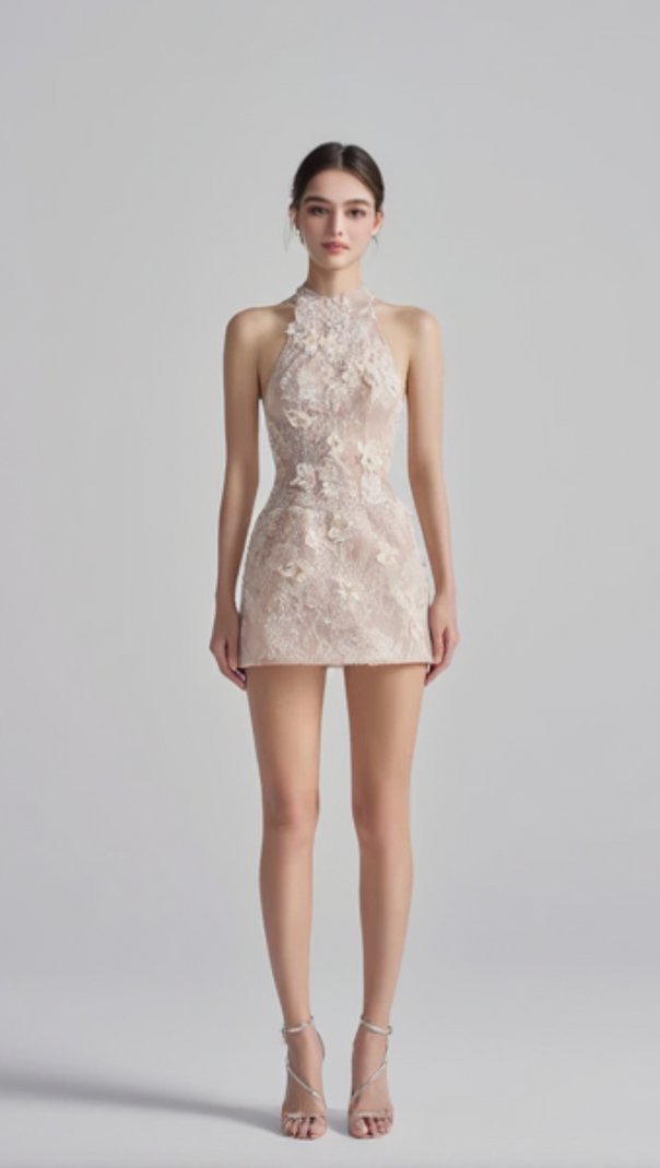 AIIZIE FLORAL LACE MINI DRESS IN BEIGE ORANGE - product image