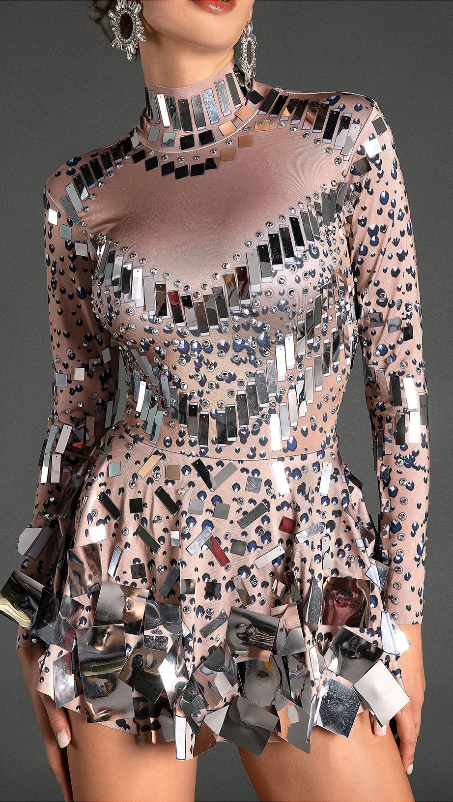 LONG SLEEVE SEQUIN MINI DRESS IN SILVER