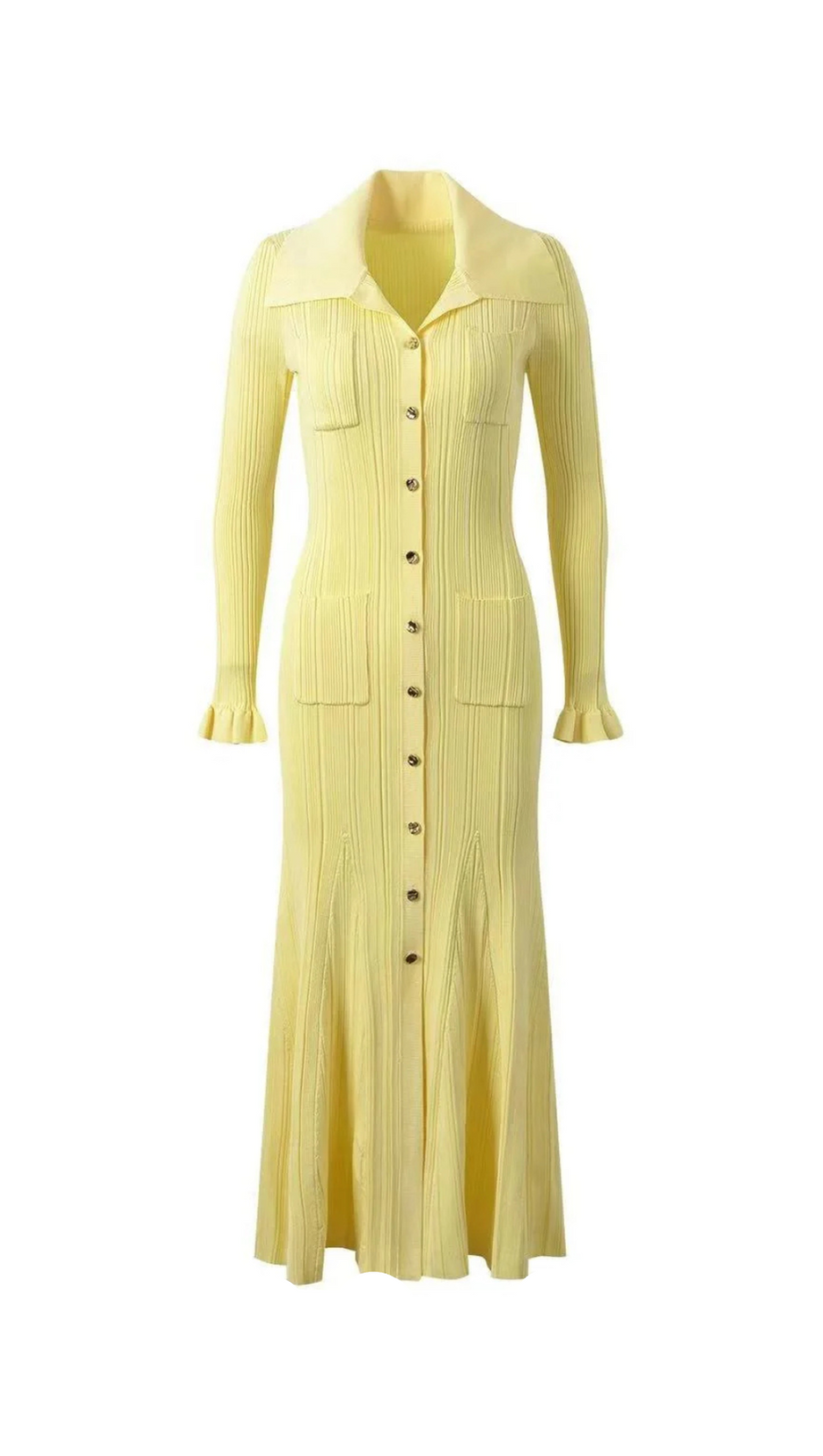 RIB-KNIT FLUTED MIDI SHIRT DRESS IN YELLOW