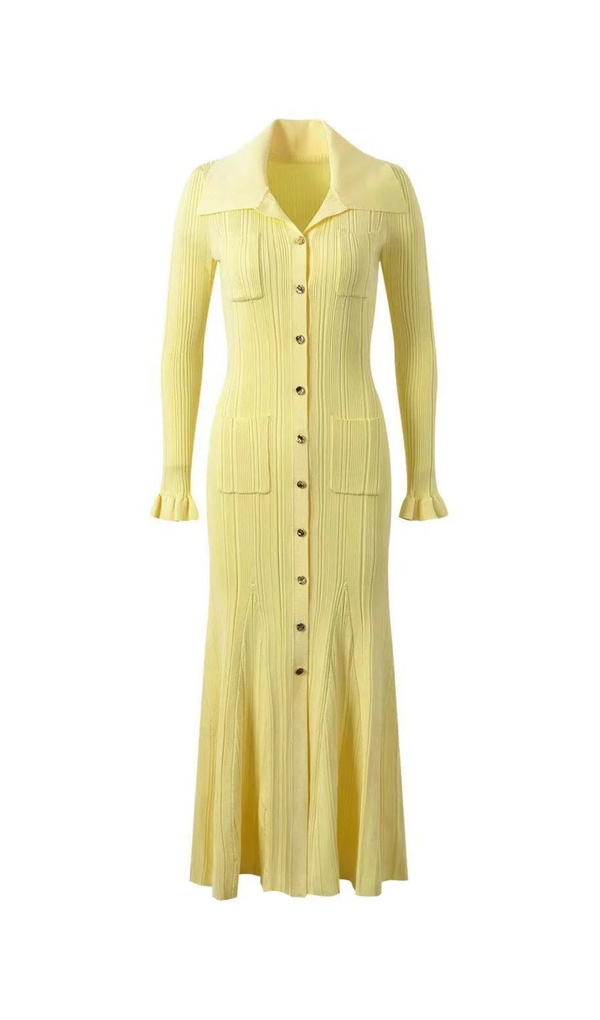 Rib-Knit Fluted Midi Shirt dress in yellow