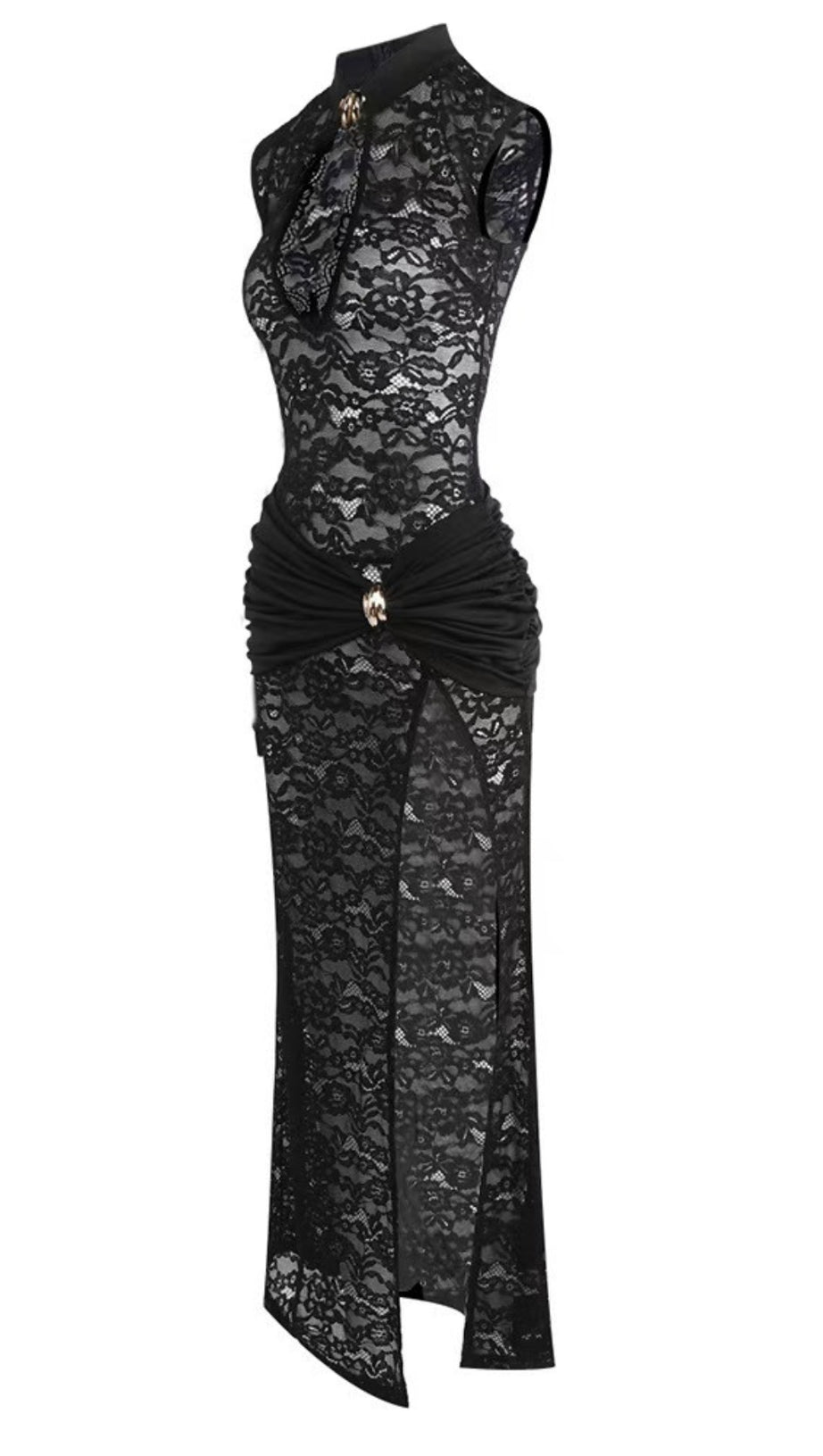 SULTRY BLACK LACE CHEONGSAM GOWN WITH RUCHED WAIST AND MANDARIN COLLAR