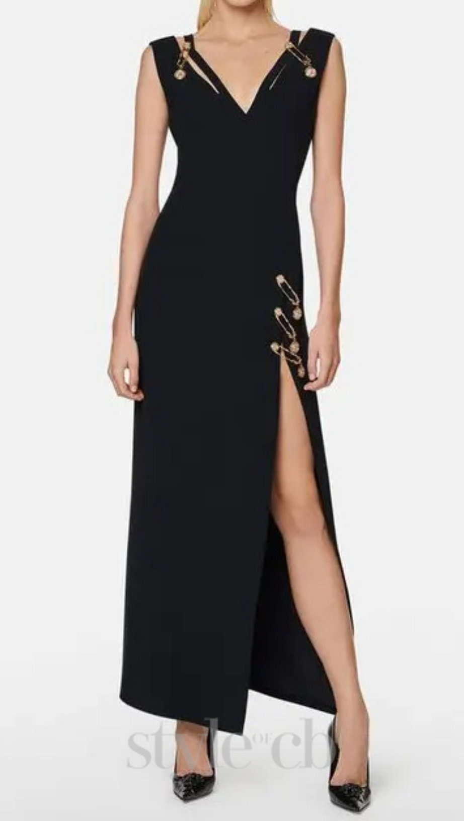 V-NECK PIN-EMBELLISHED MAXI DRESS IN BLACK