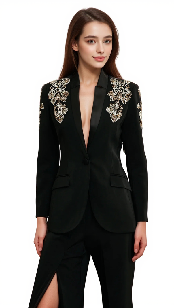 AIIZIE DELPHINE BLACK EMBELLISHED JACKET & TROUSERS MATCHING SET - product image