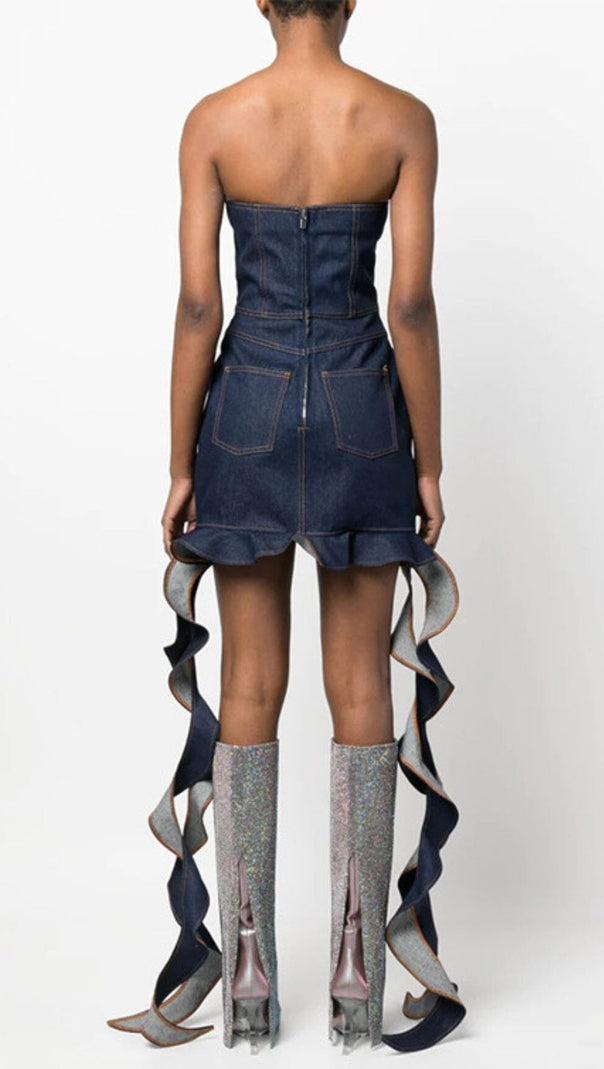 AIIZIE STRAPLESS DRAPED RUFFLE DENIM DRESS - product image