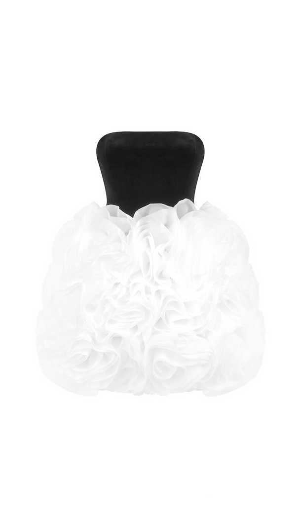 AIIZIE TINA WHITE 3D FLOWERS STRAPLESS BLACK MINI DRESS - product image