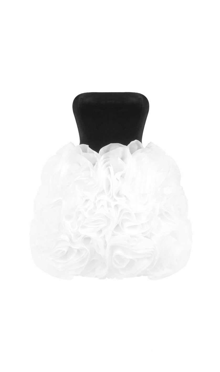 Tina weißes trägerloses schwarzes Minikleid mit 3D-Blumen