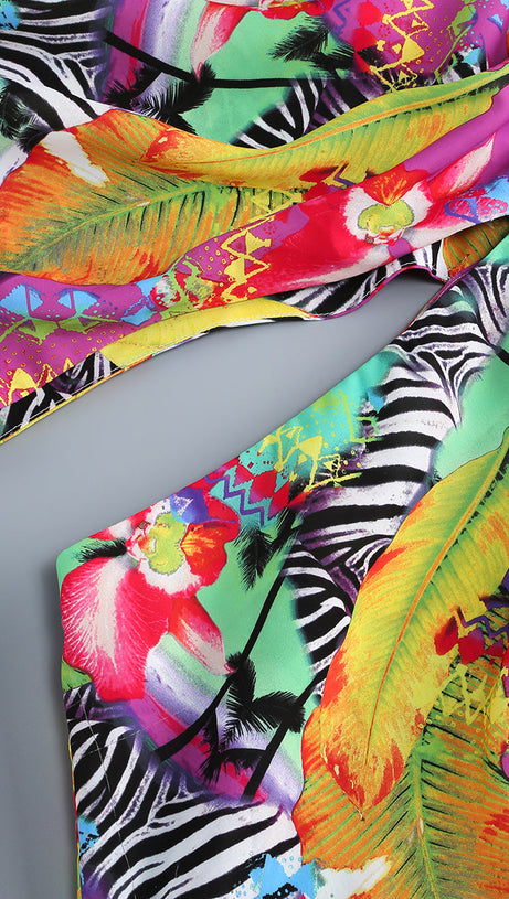 ONE SHOULDER RUFFLR TRIM PRINTED MAXI DRESS