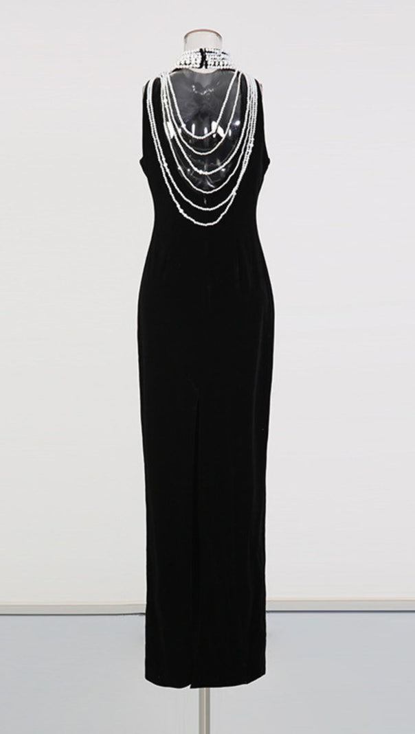 AIIZIE Jovana Black Velvet Pearl Collar Backless Maxi Dress - Luxe Evening Gown - product image