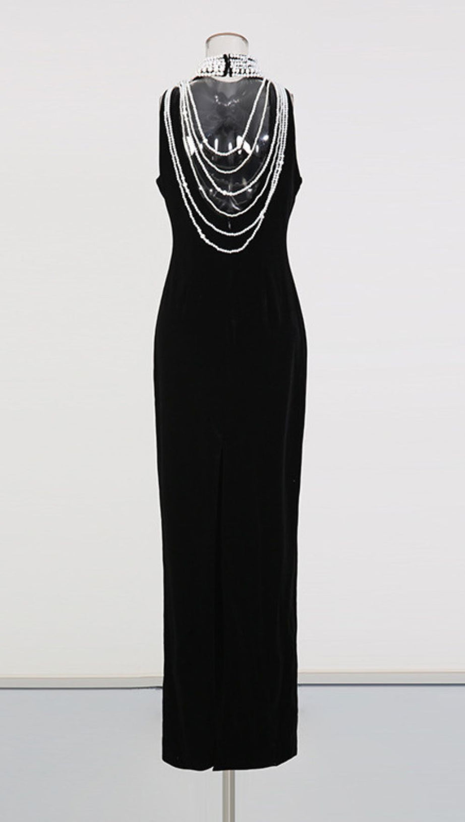 Jovana Black Velvet Pearl Collar Backless Maxi Dress - Luxe Evening Gown