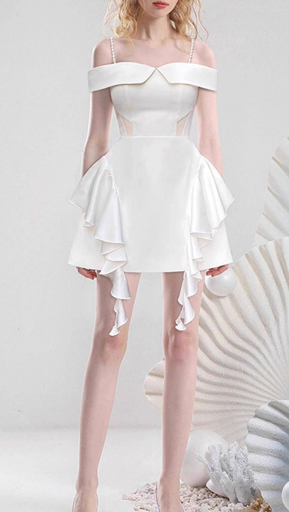 Jayleen White Ruffle Mini Dress | Chic Off-Shoulder with Pearl Straps for Bridal & Parties