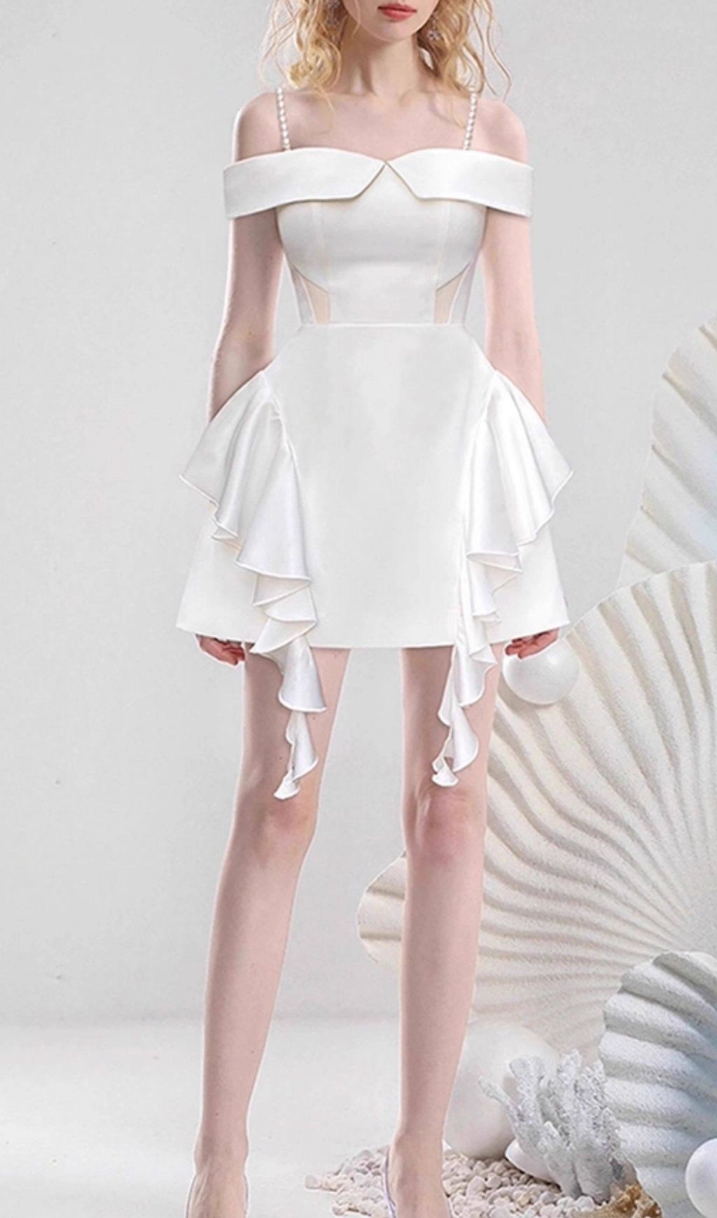 Jayleen White Ruffle Mini Dress | Chic Off-Shoulder with Pearl Straps for Bridal & Parties