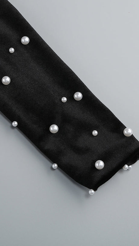 MINI ABITO IN VELLUTO PERLATO A MANICHE LUNGHE AGNES MOCK NERO