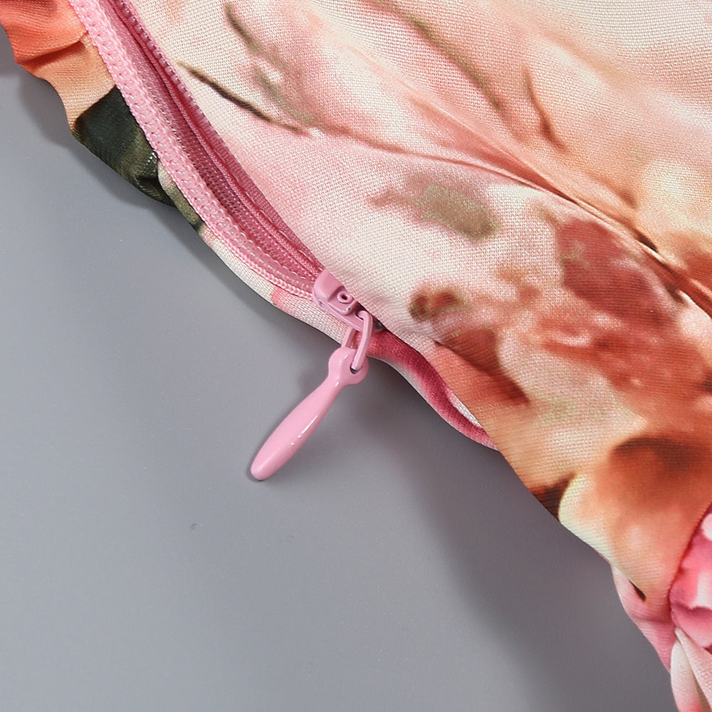 Rosa bedrucktes Midikleid mit offenem Rückenschlitz und ausgehöhlter Vorderseite