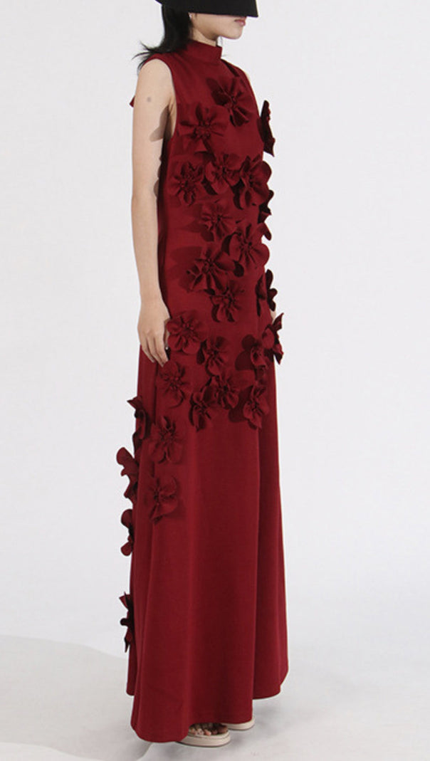 Annona Red Flower Embellished Maxi Dress
