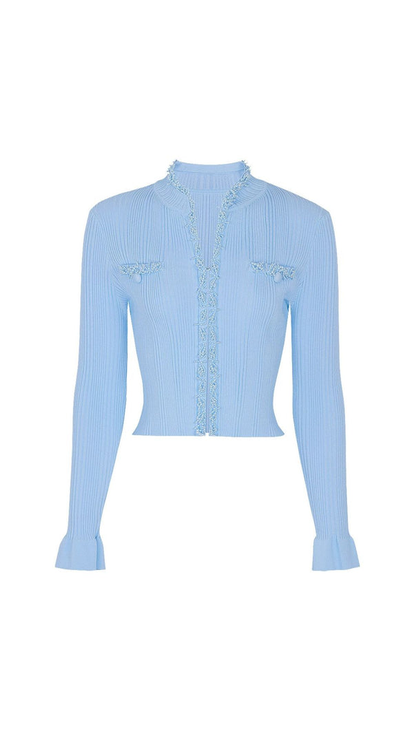 AIIZIE Julio Chic Baby Blue Ribbed Knit Cardigan & Ruffle Mini Skirt Set - product image