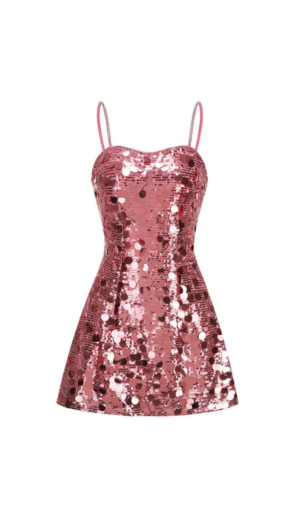 AIIZIE ISABELA DAZZLING PINK SEQUIN MINI DRESS WITH GLAMOROUS CHAIN STRAPS - product image