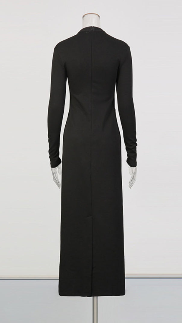 AIIZIE Elegant Black Maxi Dress with White Lace Corset Bodice | Long Sleeve Formal Gown - product image