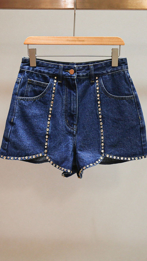 AIIZIE Sparkling Scalloped Hem Rhinestone Denim Shorts for Women - product image