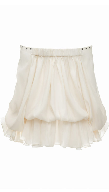 ABITO MINI A CAMICIA CON MANICHE SVASATE E SPALLE SCOPERTE IN BIANCO