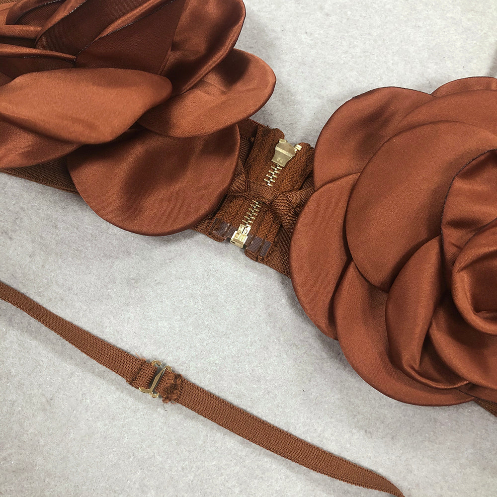 AIIZIE EVANGELINE 3D FLOWER CROP TOP SKIRT SET IN BROWN - product image