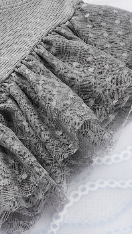 BLACK DOTTY MESH RUFFLE SLEEVE RIBBED KNIT TOP