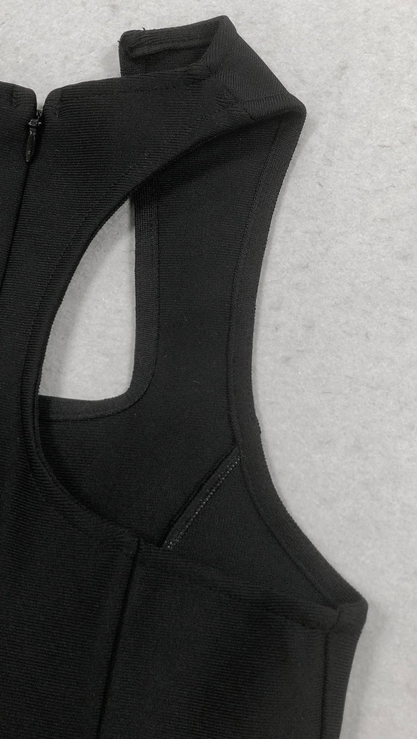 SLEEVELESS COLLARLESS BANDAGE MINI DRESS IN BLACK