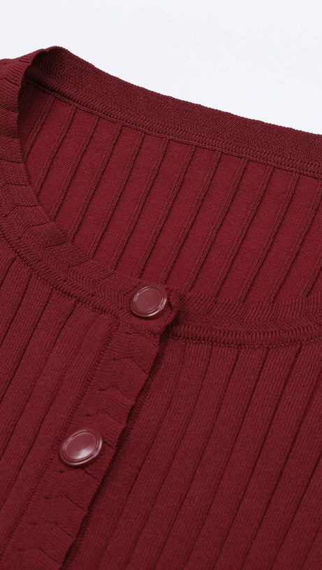 Jackie Wine Ribbed Knit Cardigan & Maxi Dress Set | Women's Elegant Co-ord