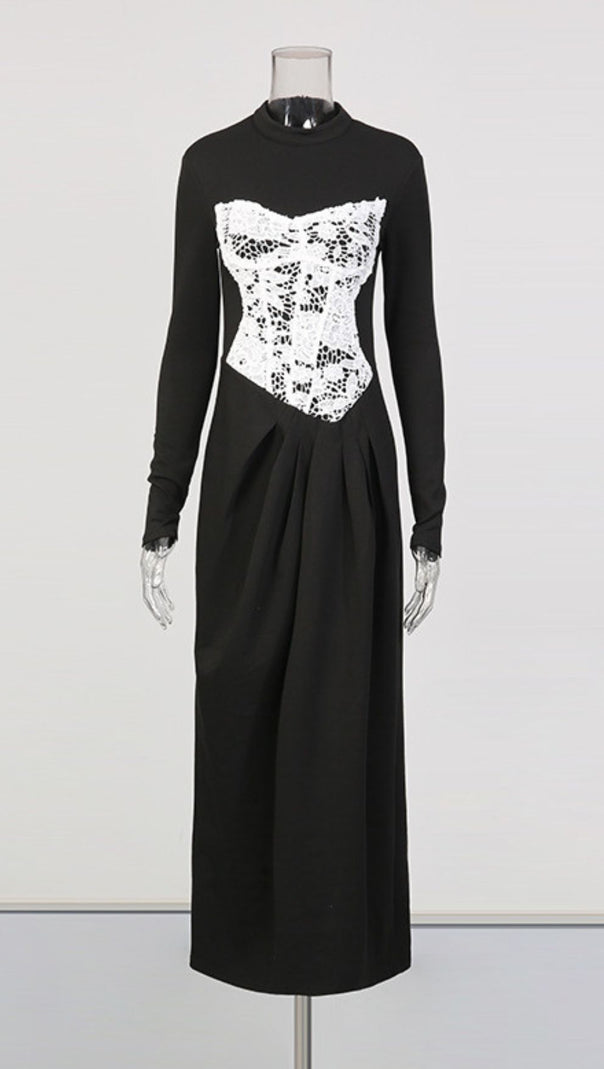 AIIZIE Elegant Black Maxi Dress with White Lace Corset Bodice | Long Sleeve Formal Gown - product image