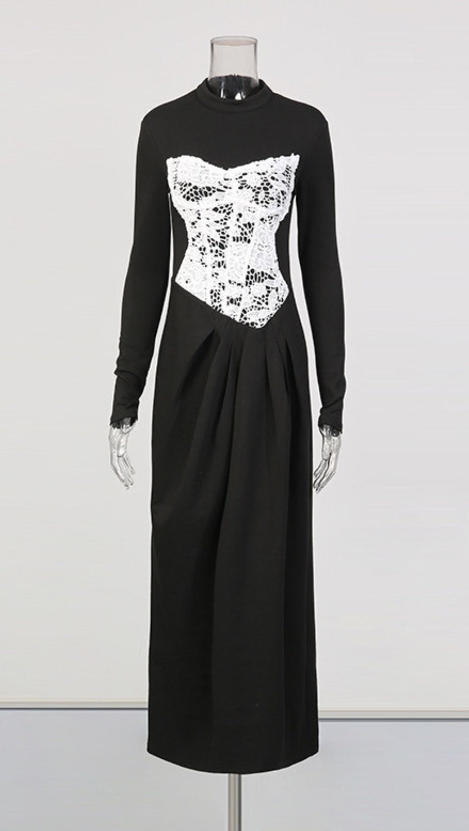 Elegant Black Maxi Dress with White Lace Corset Bodice | Long Sleeve Formal Gown