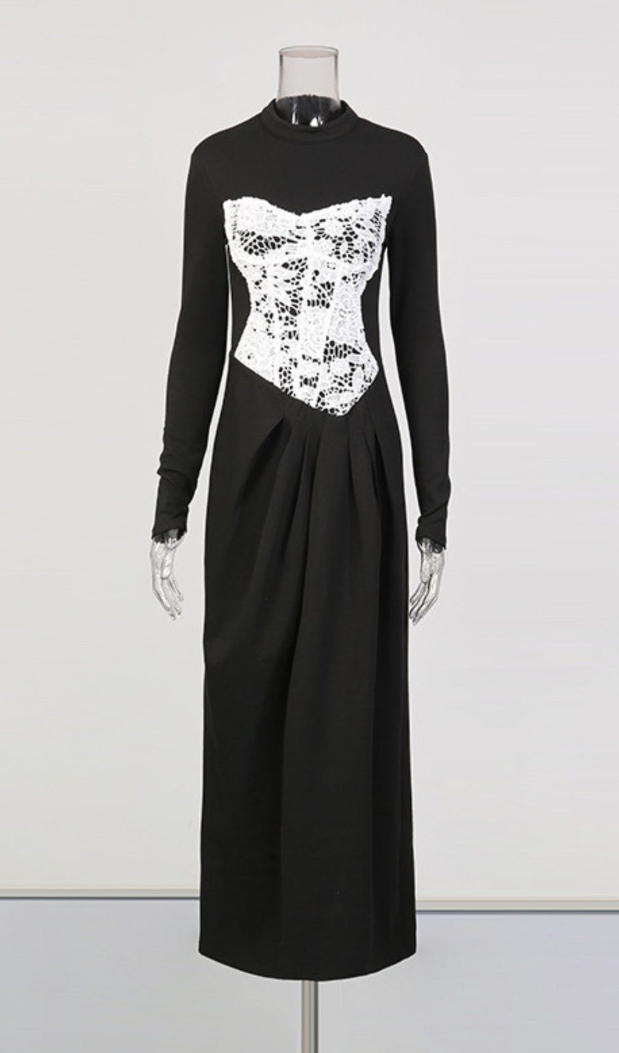 Elegant Black Maxi Dress with White Lace Corset Bodice | Long Sleeve Formal Gown