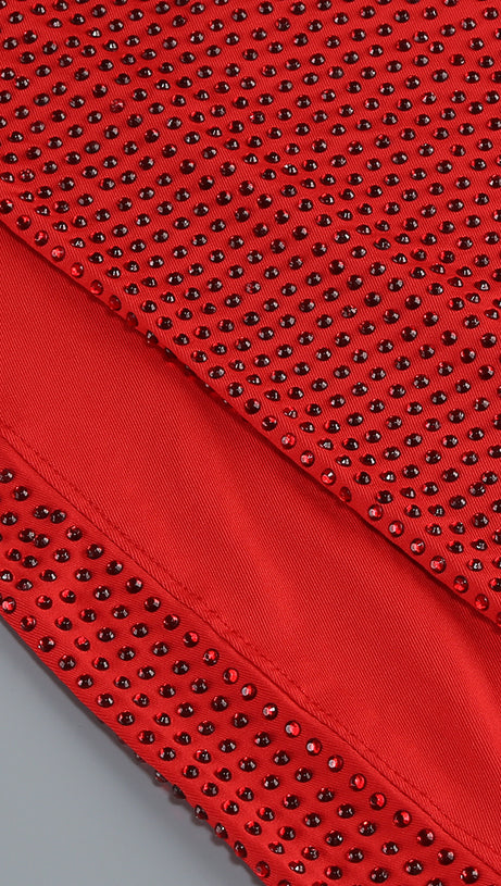 ONE-SHOULDER HOT DIAMOND HOLLOW IRREGULAR SLIT RED MAXI DRESS