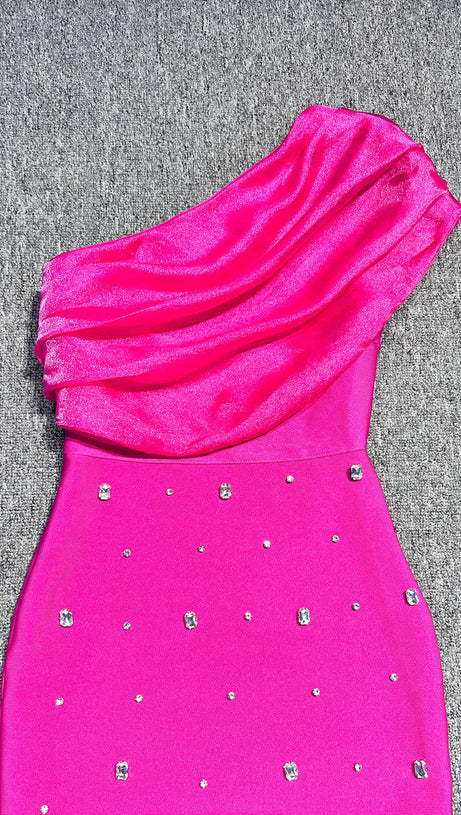 ONE-SHOULDER CRYSTAL-EMBELLISHED BANDAGE MAXI DRESS IN ROSE RED