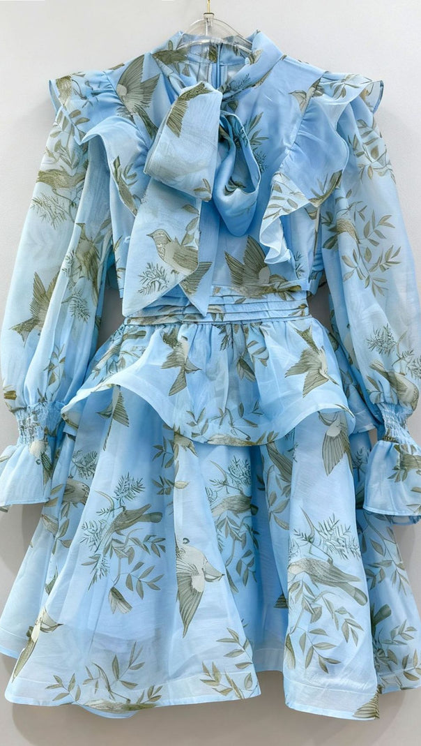 Jorgie Whimsical Bird Print Tiered Long Sleeve Mini Dress