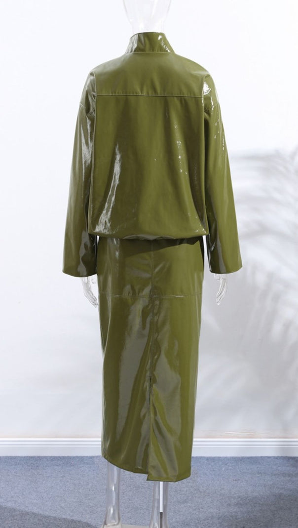 AIIZIE Jehan Glossy PU Leather Bomber Jacket & Midi Skirt Set - Chic Olive Green Co-ord - product image