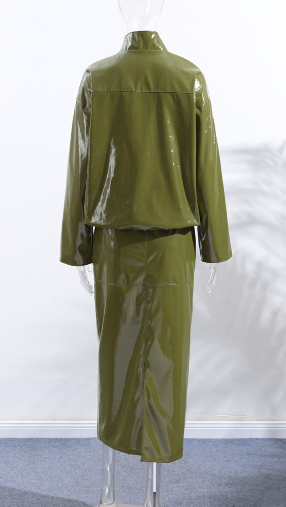 Jehan Glossy PU Leather Bomber Jacket & Midi Skirt Set - Chic Olive Green Co-ord