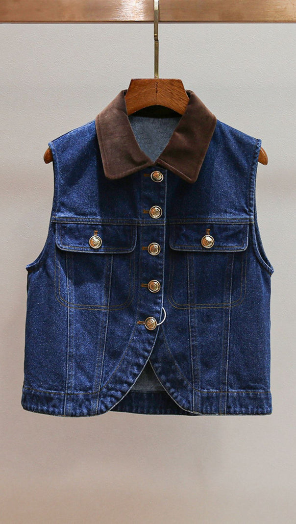 AIIZIE Chic Velvet Collar Denim Vest | Sleeveless Cropped Style for Women - product image