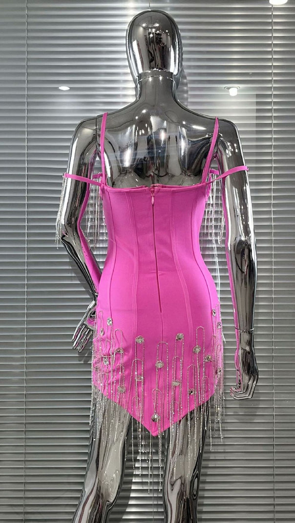 AIIZIE Dazzling Diamante Tassel Bandage Mini Dress - Glamorous Off-Shoulder Club & Partywear - product image