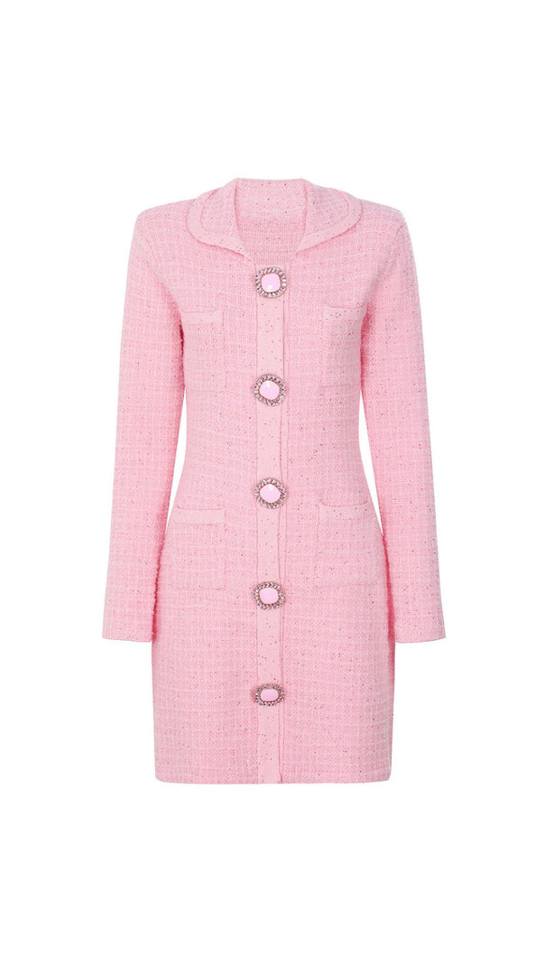 AIIZIE Joanna Luxe Tweed-Inspired Knit Mini Dress | Embellished Button & Pockets - product image