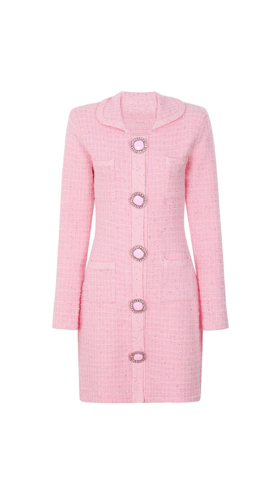 Joanna Luxe Tweed-Inspired Knit Mini Dress | Embellished Button & Pockets