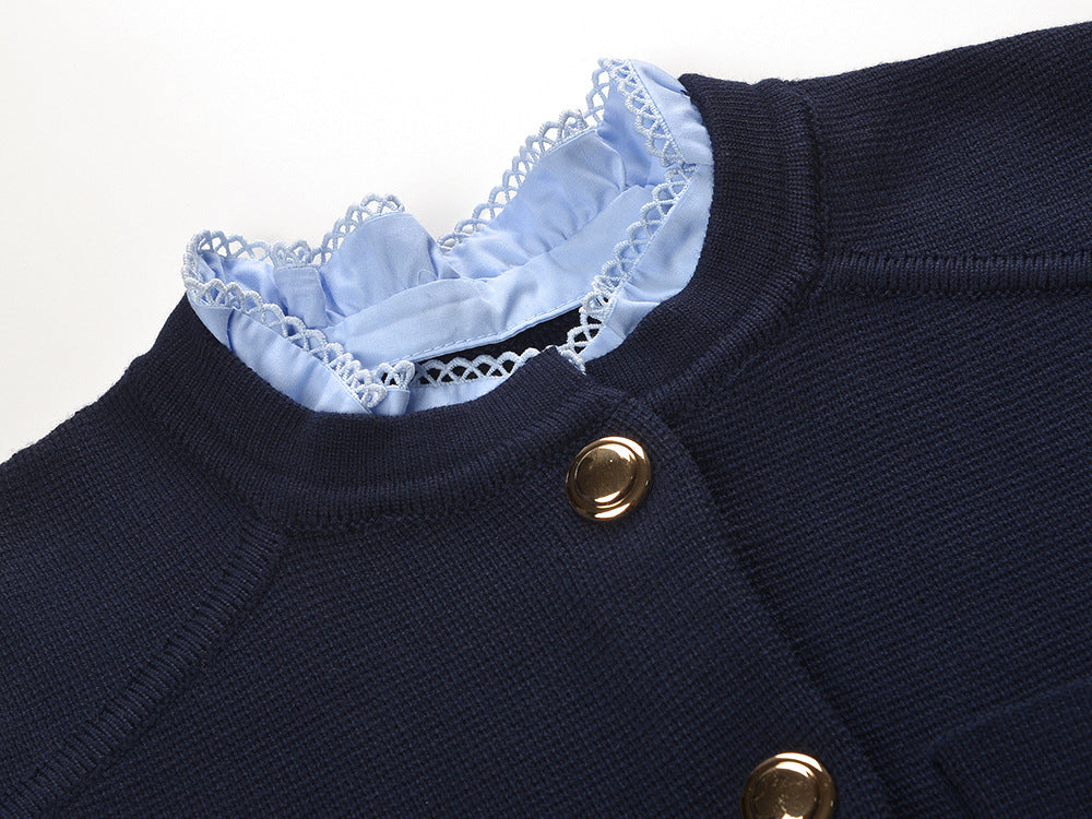 Chic Navy Cropped Cardigan with Detachable Ruffled Collar & Gold Buttons