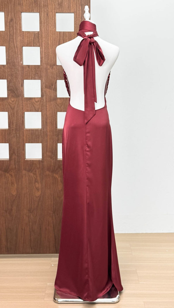 AIIZIE Joffrey Scarlet Sequin Halter Maxi Gown - Glamorous Evening Dress for Women - product image